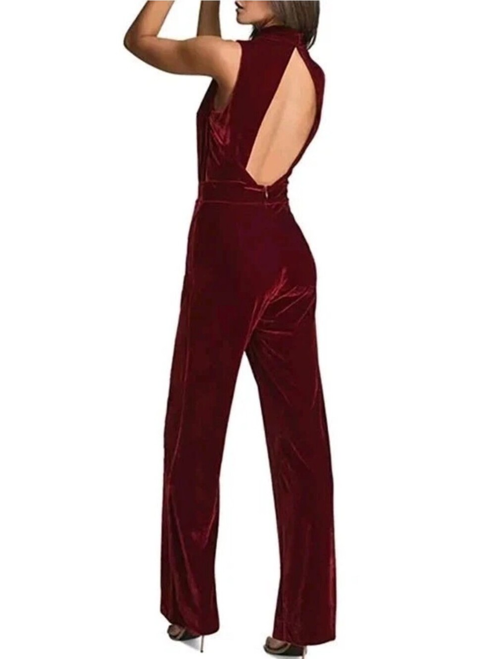 REISS Diane Velvet Jumpsuit Red Burgundy NWT Size US 4 UK 8 Mock Cowl Neck Open